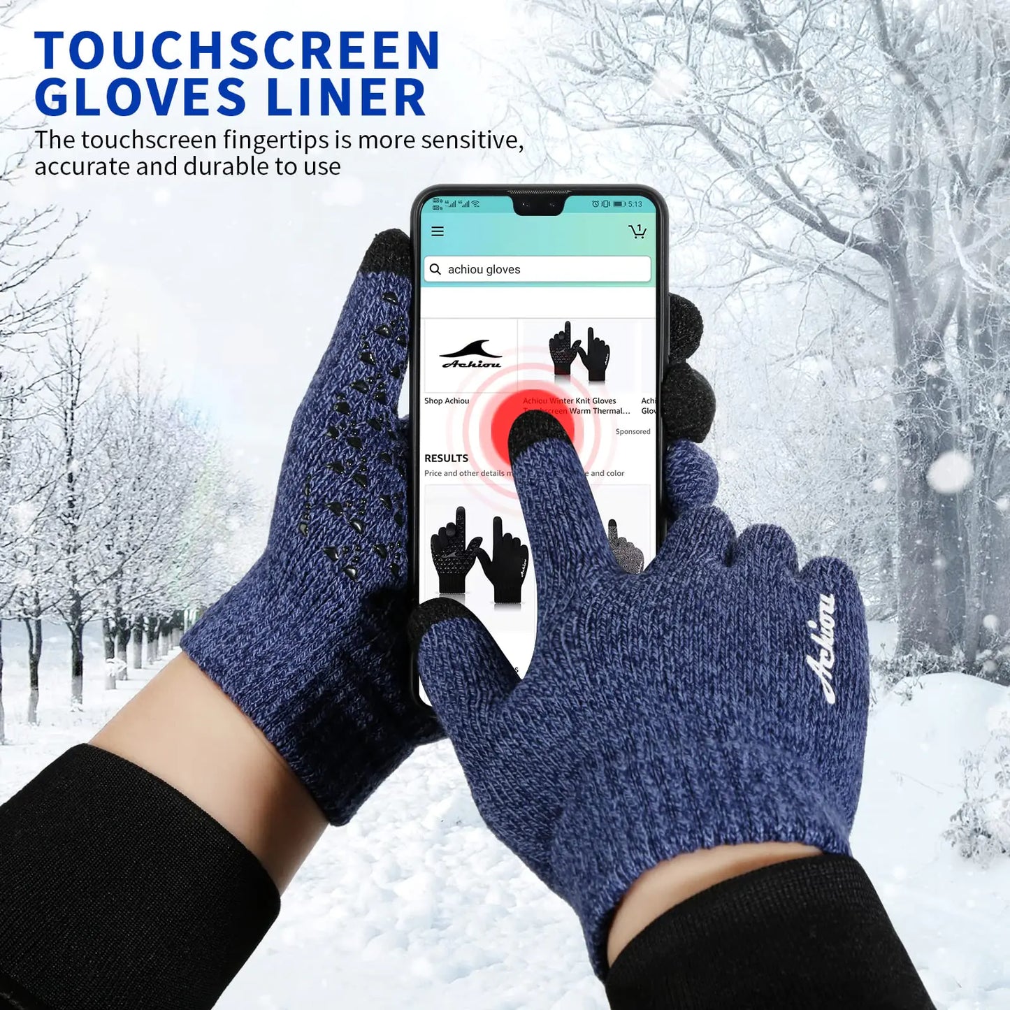 Achiou Winter Gloves for Men Women, Touch Screen Texting Warm Gloves with Thermal Soft Knit Lining,Elastic Cuff Blue X-Large