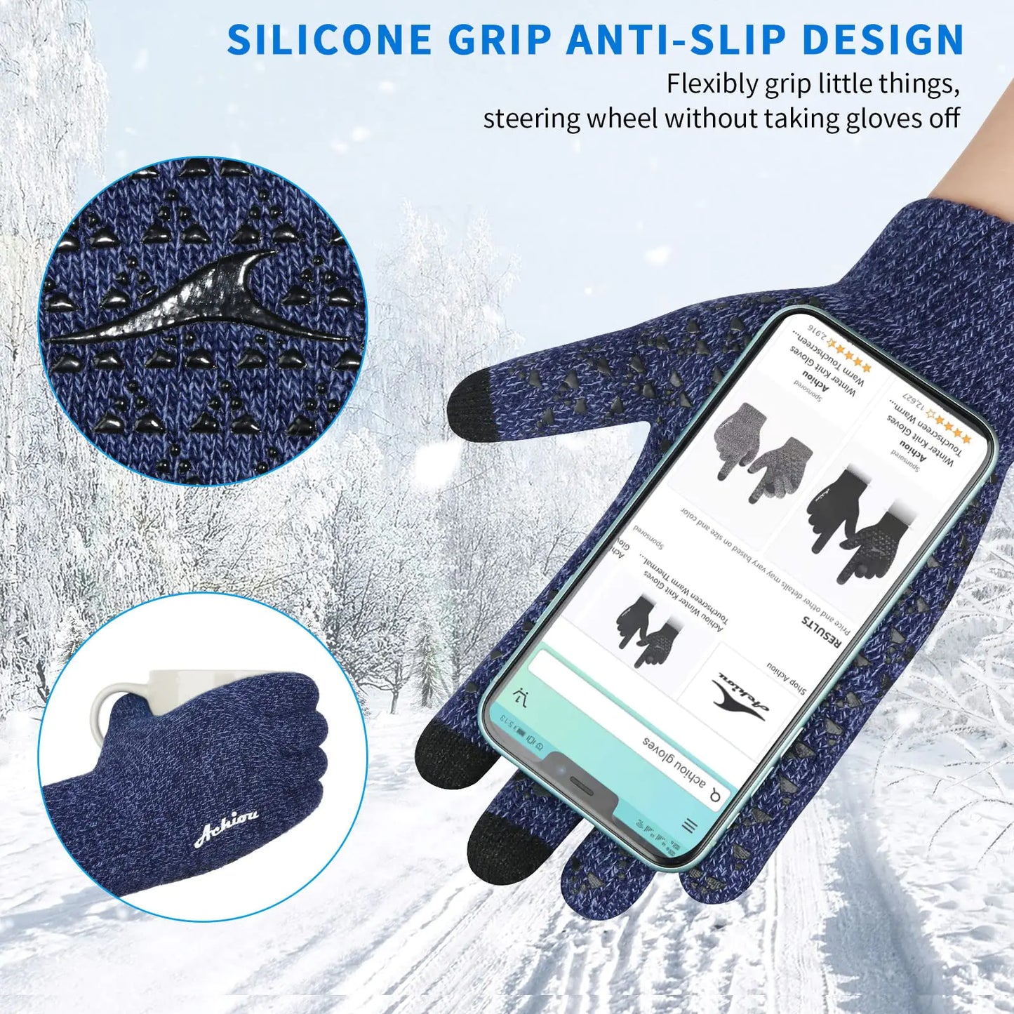 Achiou Winter Gloves for Men Women, Touch Screen Texting Warm Gloves with Thermal Soft Knit Lining,Elastic Cuff Blue X-Large