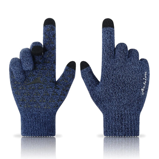 Achiou Winter Gloves for Men Women, Touch Screen Texting Warm Gloves with Thermal Soft Knit Lining,Elastic Cuff Blue X-Large